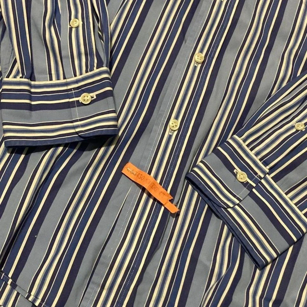 Polo Ralph Lauren blue vertical stripe button up shirt vtg cotton preppy L/24.5‎